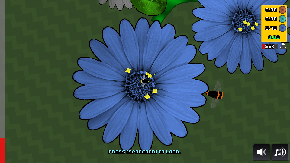 Beelancer gameplay - topdown view of a bee standing on a huge blue flower, collecting diamond shaped pollen powerups